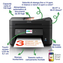 Epson WorkForce WF-2960DWF stampante multifunzione A4 getto d'inchiostro (stampa, scansione, copia), Display LCD 6.1 cm, ADF,