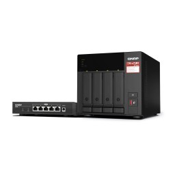 QNAP TS-473A + QSW-1105-5T Bundle Pack NAS Tower Ryzen Embedded V1500B 8 GB DDR4 0 TB QNAP Turbo System Nero